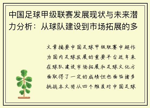 中国足球甲级联赛发展现状与未来潜力分析：从球队建设到市场拓展的多维探讨