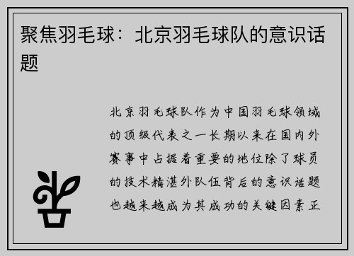 聚焦羽毛球：北京羽毛球队的意识话题