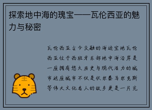 探索地中海的瑰宝——瓦伦西亚的魅力与秘密