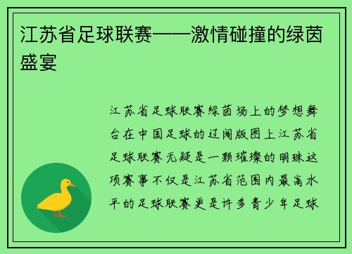 江苏省足球联赛——激情碰撞的绿茵盛宴