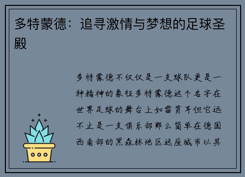 多特蒙德：追寻激情与梦想的足球圣殿